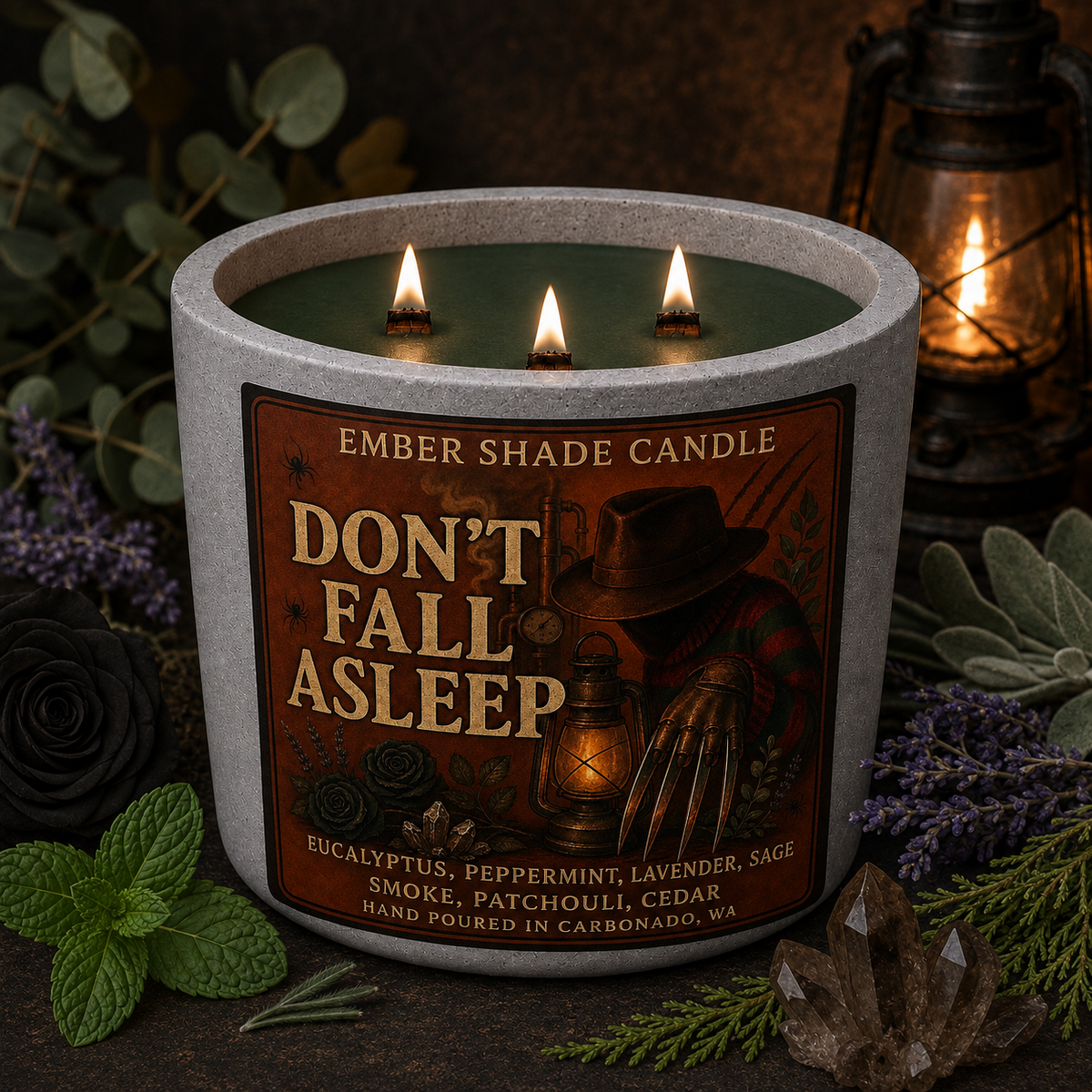 Ember Shade- Don’t Fall Asleep-Eucalyptus, Peppermint, Lavender, Sage, Smoke, Patchouli, Cedar