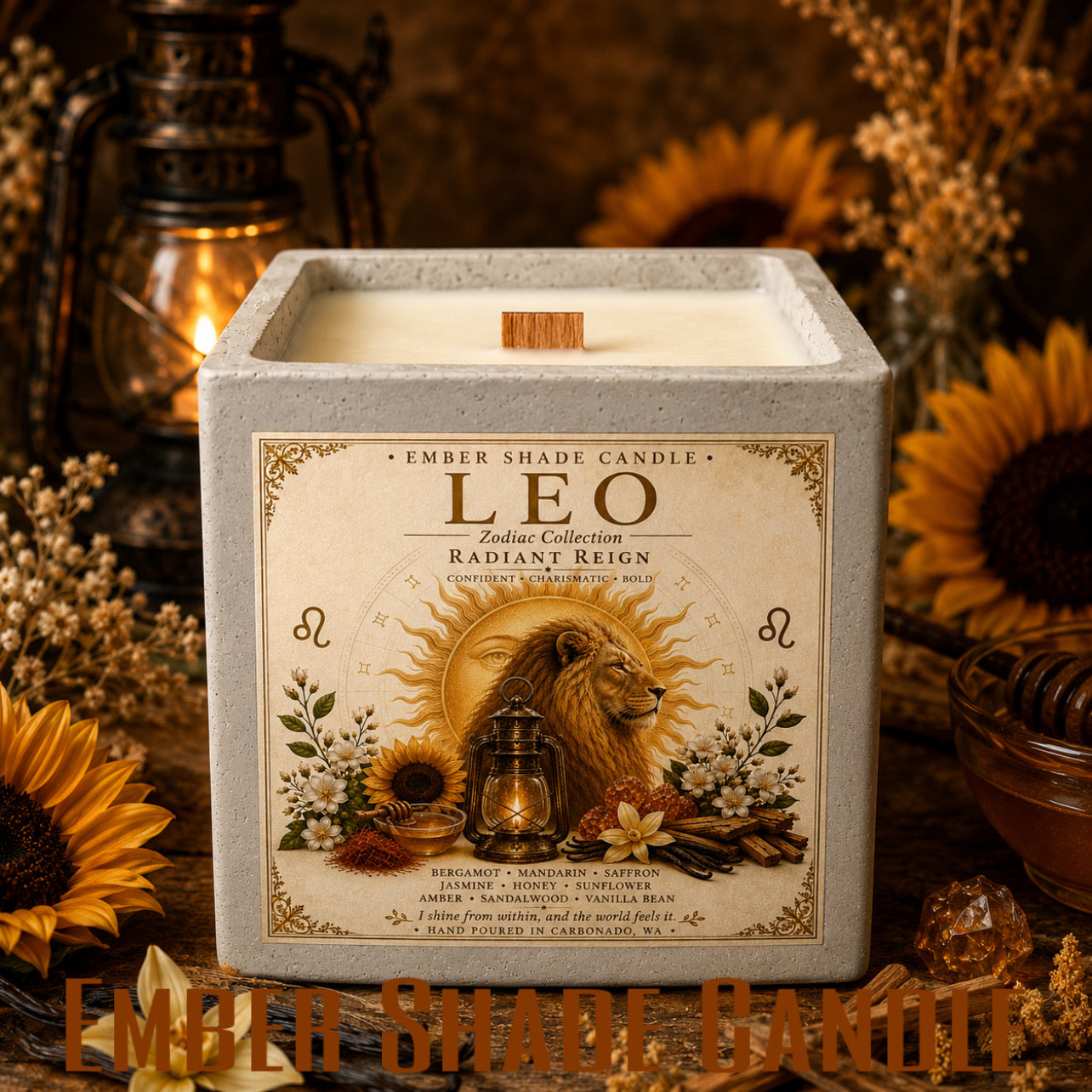 Ember Shade- Zodiac Collection -LEO Radiant Reign - Bergamot, Mandarin, Saffron, Jasmine, Honey, Sunflower, Amber, Sandalwood, Vanilla Bean