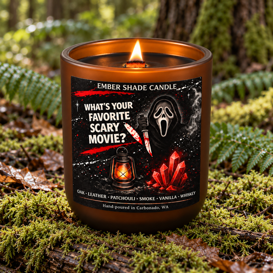 Ember Shade - What's your Favorite Scary Movie? Candle - White Oak & Vanilla