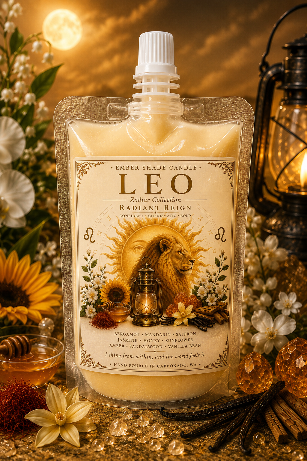 Ember Shade- Zodiac Collection -LEO Radiant Reign - Bergamot, Mandarin, Saffron, Jasmine, Honey, Sunflower, Amber, Sandalwood, Vanilla Bean