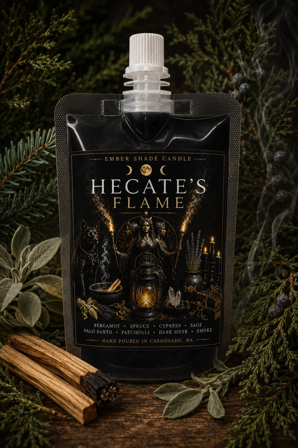 Ember Shade - Hecate's Flame - Bergamot, Spruce, Cypress, Sage, Pablo Santo, Patchouli, Dark Musk, Smoke
