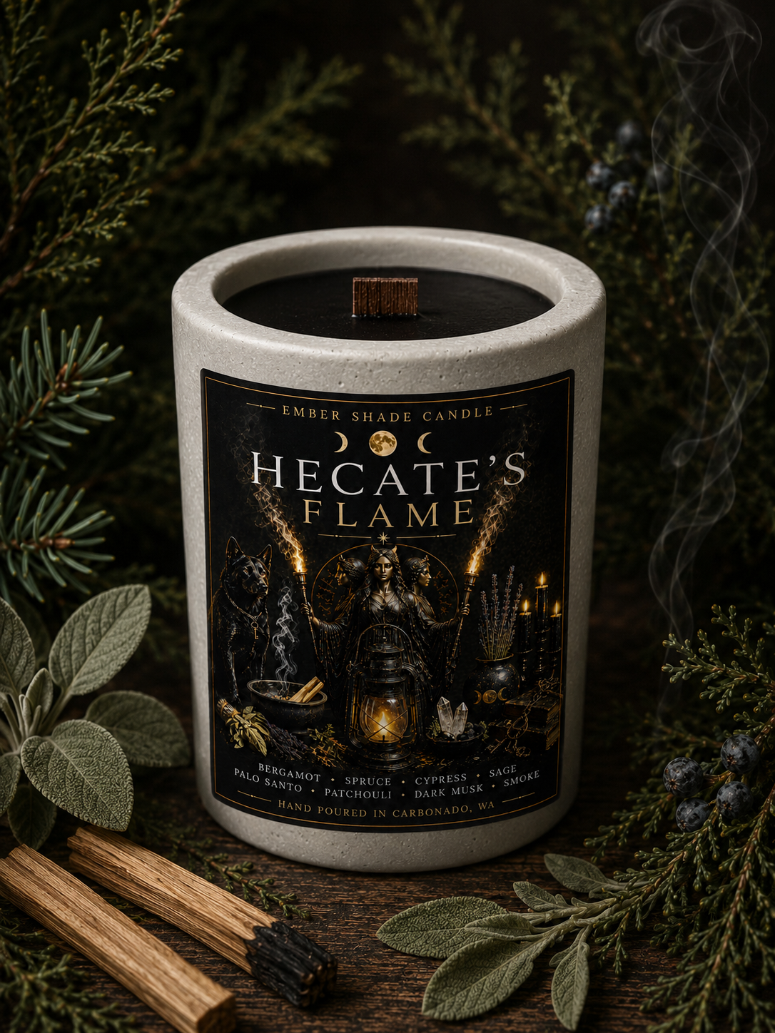 Ember Shade - Hecate's Flame - Bergamot, Spruce, Cypress, Sage, Pablo Santo, Patchouli, Dark Musk, Smoke