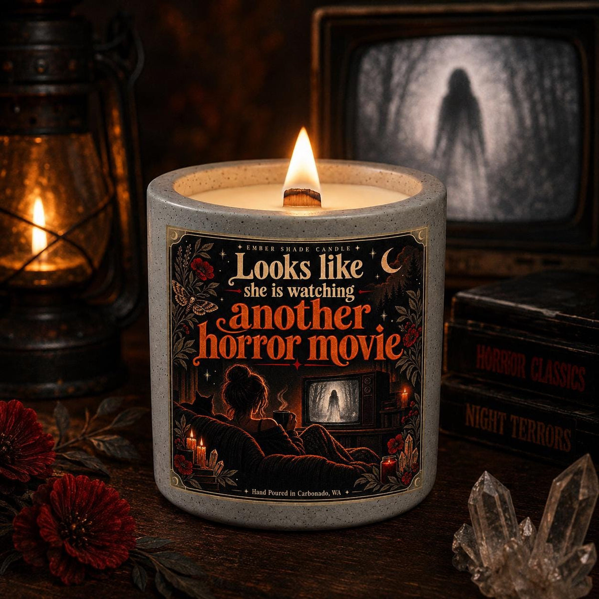 Ember Shade - Looks Like She Is Watching Another Horror Movie Candle - You Choose The Scent